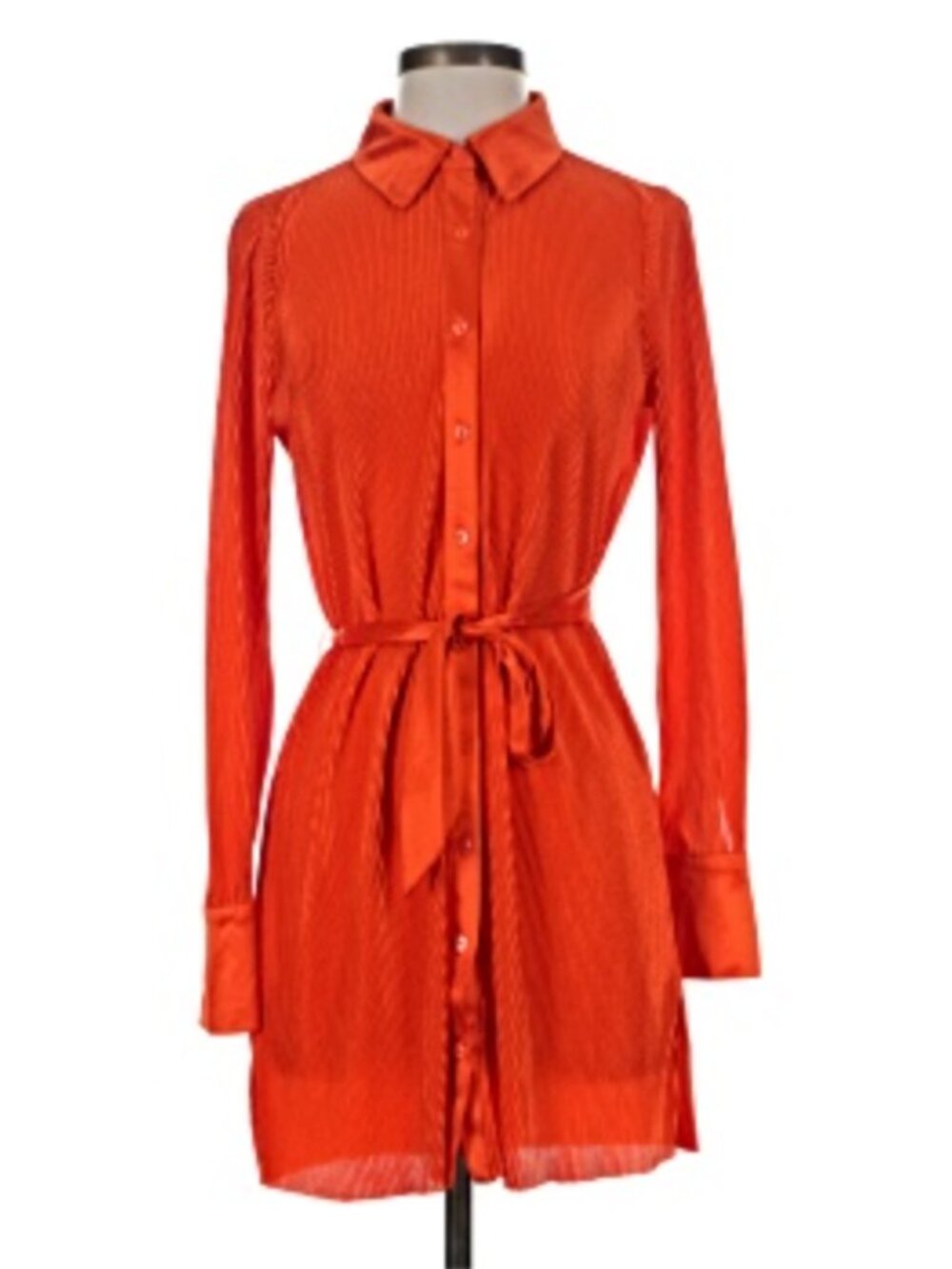 RO & DE Pleated Button-Down Mini Shirt Dress Red Orange Plissé